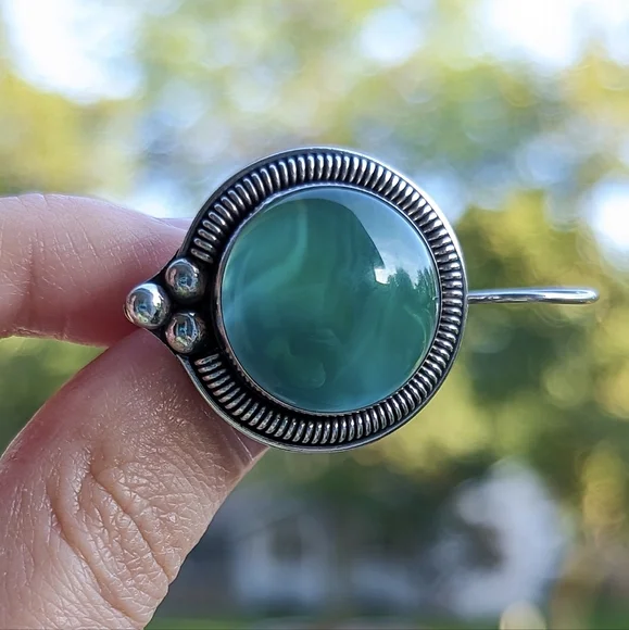 Vintage sterling silver brooch and earring set 925 green stone circle oval - Picture 3 of 6